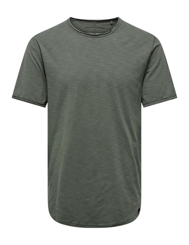 Herren O&S Rundhals T-Shirt Langes Einfarbiges Kurzarm Shirt Basic Shortsleeve aus Baumwolle ONSBENNE