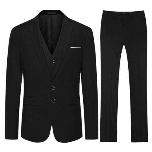 Allthemen Herren Anzug 3 Teilig Herrenanzug Slim Fit 2 Knopf Anzüge für Business Hochzeit Sakko Weste Hose Schwarz L