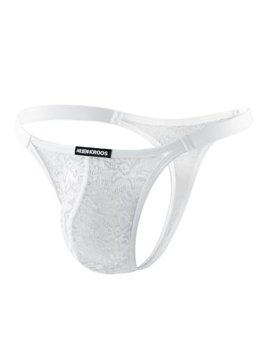 Mauro Kane Herren String Tanga Sexy Spitze Strings Männer Transparent Mens Thong Underwear Weich und Atmubgsaktiven Unterwäsche Weiß L