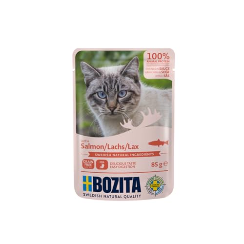 Bozita Pouch Nassfutter Häppchen in Gelee mit Lachs - 12x85g Portionsbeutel getreidefreies & weizenfreies Futter für Katzen - Katzennassfutter für erwachsene Katzen mit 8,5% Protein & 4,5% Fettgehalt