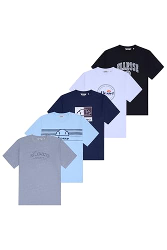 Ellesse Herren 5er Pack T-Shirt, Grau, Blau, Marineblau, Weiß, Schwarz, Rundhals, Regular Geschnitten, 2XL EU