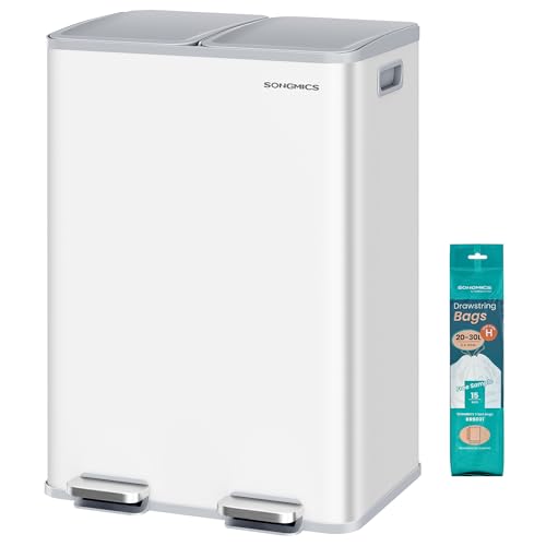 SONGMICS Mülleimer Küche, 2 x 30 Liter, 2 Fächer, Abfalleimer, Tretmülleimer, Küchenmülleimer mit Softclose-Deckel und Inneneimer, Stahl, inklusive 15 Müllbeutel, mattweiß LTB741W02