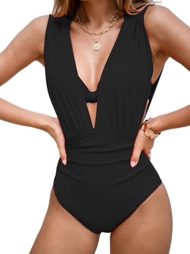 CUPSHE Damen Badeanzug Tiefer V Ausschnitt Raffung Bauchweg Neckholder Push Up Knoten Bikini Oberteil Elegant Dreiteiliger Badeanzug Swimsuit Schwarz L