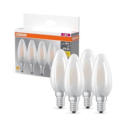 OSRAM LED BASE B40, Vorteilspack mit 4 Leuchtmittel, ersetzt herkömmliche 40W Glühbirnen, 4W, warmweiß (2700K), mattes Glas, nicht dimmbar, Kerzenform, E14, White