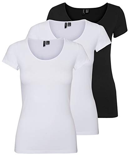 VERO MODA Damen VMMAXI My Soft SS U-Neck GA 3PACK 10247489, Black/Bright White & Bright WH, M