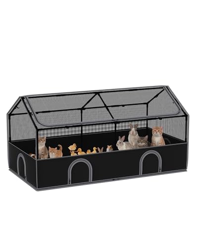DINMO Kleintiergehege, Freigehege für Kaninchen Meerschweinchen, Haustier-Laufstall mit wasserdichtem Boden für Hamster, Igel, Kätzchen, Hühner, für innen und außen, schwarz, 165 x 80 x 80 cm