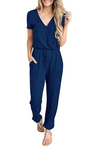 CLOUSPO Sommer Jumpsuit Damen Elegant Playsuit Casual Overall Kurzärmel Romper Verstellbarer Bund einfarbiger mit Taschen (Blau-a, M)