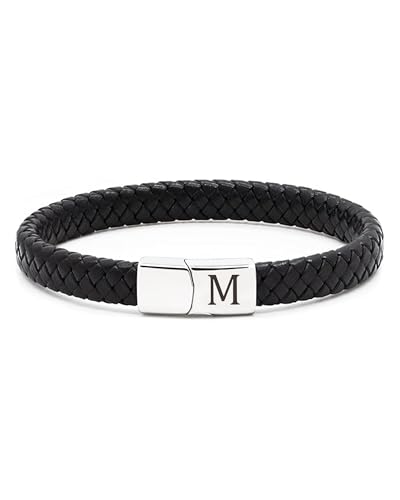 TOLOWOBK Lederarmband Herren Armband mit Buchstaben Gravur A-Z Buchstabe Armband Männer Schwarz Geflochten Leder Armbänder mit Magnetverschluss Weihnachtsgeschenke Geburtstag Geschenke für Männer