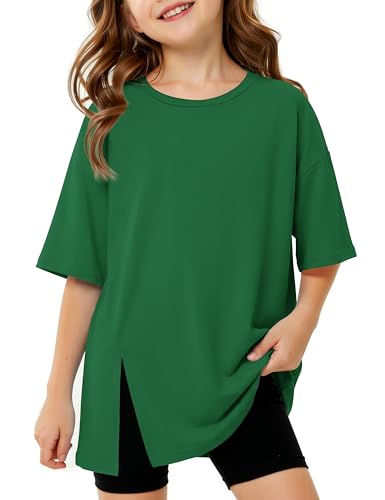 Arshiner T-Shirt Mädchen Grün Rundhals Kurzarm Schlitzsaum Casual Sport Tops Kinder Sommer Leichtgewicht Einfarbige Shirts Lässige Basic Oberteile für Mädchen 9-10 Jahre