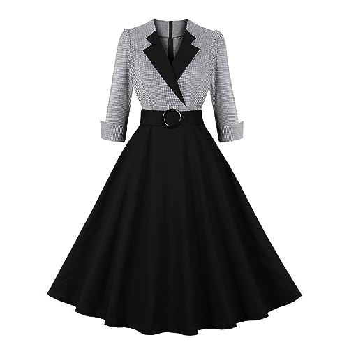 Cocktailkleid Damen Rockabilly Kleider Damen 50er Jahre Kleider Vintage Audrey Hepburn Kleider Festlich Abendkleid für Hochzeit V-Ausschnitt Partykleid mit Gürtel Elegant Ballkleider Petticoat Kleid