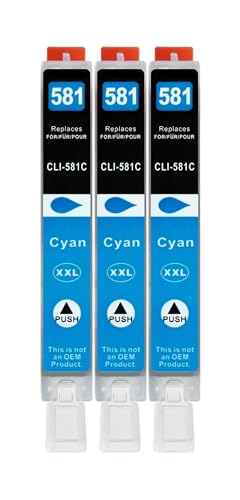 3 XXL Druckerpatronen kompatibel zu CLI-581 C Cyan für Canon PIXMA TS705 TS6150 TS6250 TS6350 TR7550 TR8550 TS8150 TS8250 TS8350 TS9150 TS9550 TS6151 TS6251 TS6351 TS8151 TS8152 TS8251