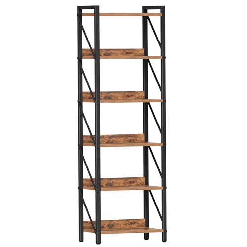 HOOBRO Bücherregal, Standregal, Leiterregal, freistehendes schmales Regal, Büroregal 6 Ebenen, offene Ablagen, für Wohnzimmer, Schlafzimmer, Büro, Küche, Rustikales Braun und Schwarz EBF72SJ01