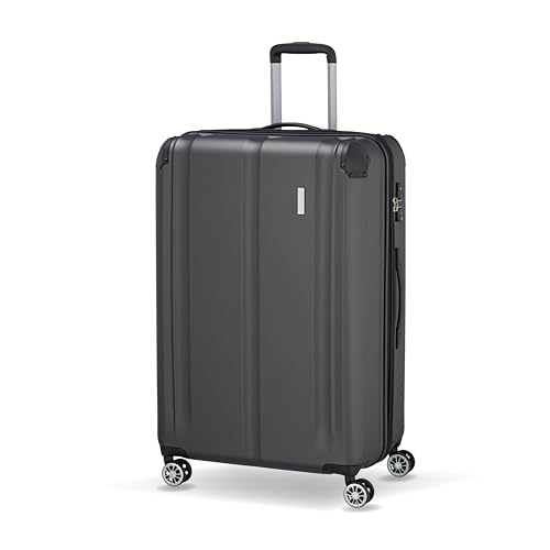 Travelite Hartschalenkoffer groß, erweiterbar, 4 Rollen, City, Trolley mit kratzfester Oberfläche, TSA Schloss, Dehnfalte, 77 cm, 113-124 Liter