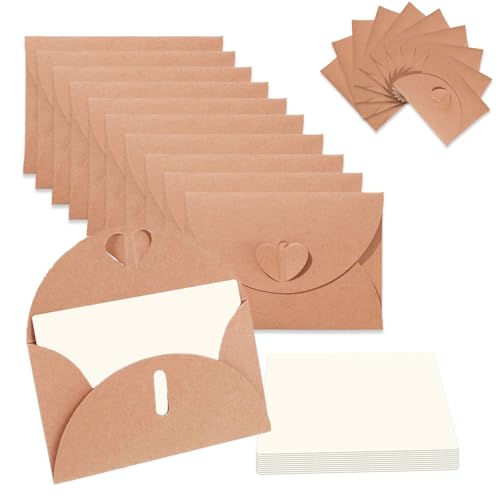 20 Stück Mini Briefumschläge mit Karten - Vintage Mini Kraftpapier Umschläge Blanko Kärtchen Kleine Briefumschlägemit Herz Verschluss für Geschenkkarten DIY Dankeskarten Weihnachten