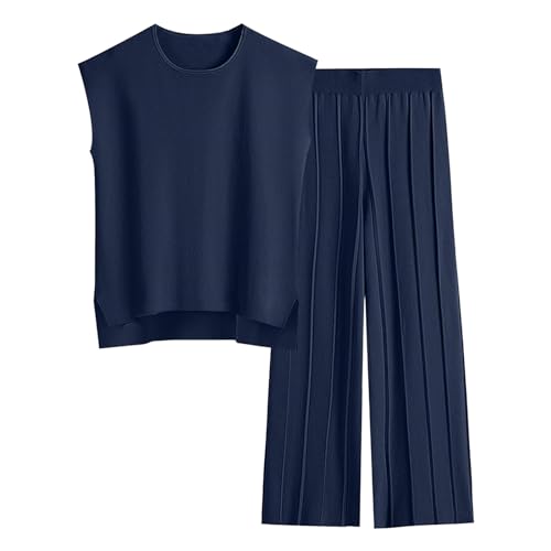 Zweiteiler Damen Elegant 2 Pieces Jogginganzug Damen Set Langarm Lounge Sets Strickpullover Top Weites Bein Elastische Taille Hose Anzug Loungewear 2-Teiliges Jogginghose Sets Business Anzug