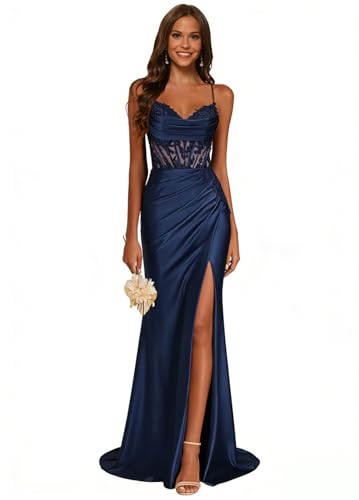 JAEDEN Spitze Satin Ballkleider mit Schlitz Damen Meerjungfrau Abiballkleider Spaghettiträger Abschlusskleider Marineblau 36