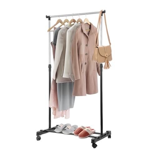 PetHot Kleiderständer auf Rollen 90-160cm Höhenverstellbarer Kleiderständer Metall-Garderobe mit Ablage & 360° Lenkrollen | Garderobenstange für Schlafzimmer Flur Wohnzimmer (Schwarz)