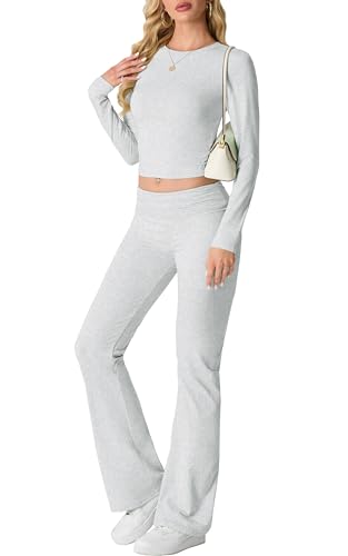 IWOLLENCE Hausanzug Damen Jogginganzug Set Lounge Set 2 Teiler Sportanzug Damen Y2K Outfit Homewear mit Crop Top und Schlaghosen (Hell Grau, M)