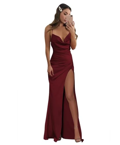 Infuness Damen Elegant Lange Ballkleider Spaghettiträger Satin Brautjungferkleider V-Ausschnitt Abendkleid