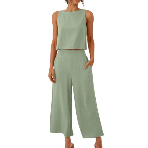 Zweiteiler Damen Sommer,Leinen Baumwolle 2 Teiler Damen Sommer Musselin Set Hosenanzug Ärmellose Tank Tops und Weite Hose Leinenanzug Loungewear Freizeitanzug Jogginganzug Tracksuit