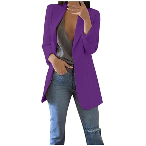 2025 Damen Einfarbiger Mantel mit offenen Vordertaschen, Strickjacke, formeller Anzug, langärmelig, formelles Manteloberteil, Bluse, Arbeits- und Büromanteloberteil Feiner Mantel (Dark Purple, L)
