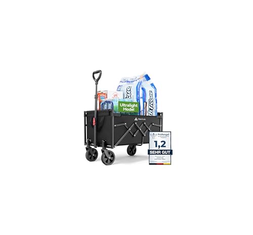 HIKENTURE Bollerwagen Faltbar 65Liter&100KG belastbar - Wiegt nur 4,9KG- Extrem Faltbarer Bollerwagen - Klappbarer Handwagen Einkaufstrolley für Strand Camping Einkauf