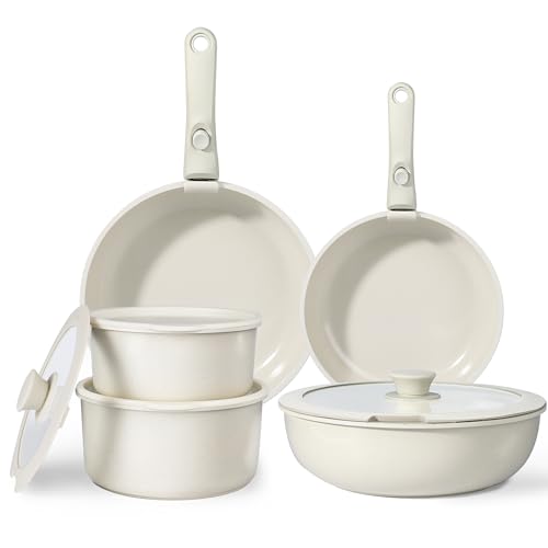 GiPP Topfset mit Abnehmbarer Griff, 11-Teilig Topfsets Pfannenset mit Antihaft Beschichtet, Topfset Induktion Kochtopf Set, Backofenfest（Weiß）