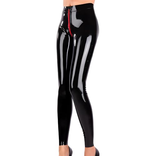 IOKUKI Latex-Leggings für Damen,Schwarze Latexhosen mit Roter Reißverschluss im Schritt(Socken Nicht Enthalten-L