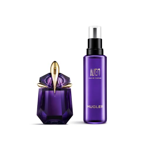 MUGLER Alien Eau de Parfum für Damen, Amberartig, holzig und blumig, Außergewöhnlicher Duft, Nachfüllbar, 30 ml + MUGLER Alien Eau de Parfum Refill, 100 ml