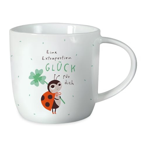 Grafik-Werkstatt Kaffeetasse mit Spruch 300 ml Porzellan Tasse Extraportion Glück, Weiß