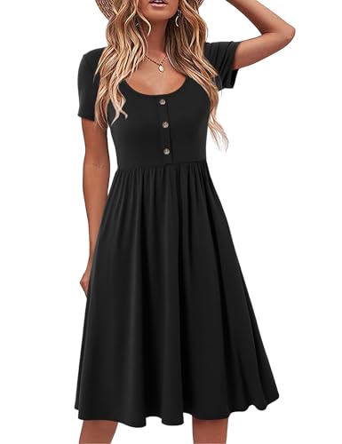 Beluring Damen Kleider Sommer Kurzarm Midikleid Rundhals A-Linie Freizeitkleid Elegant Tunika Kleid Schwarz XXL
