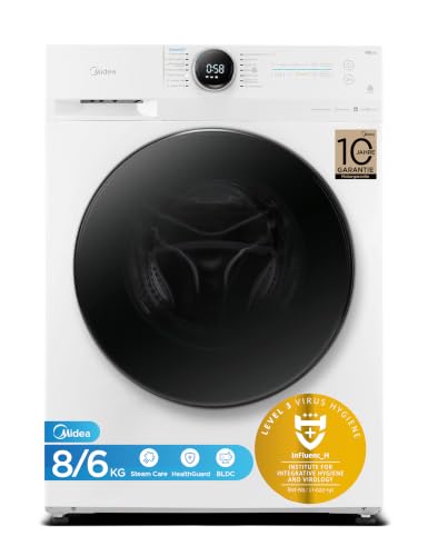 Midea MF200D86WB-14DAS Waschtrokner, 8&6kg Waschen&Trocknen, Inverter Mortor, Auffrischen, 60 Min. Waschen & Trocknen, Steam Care, Turbo, 48 cm tief, APP-Steuerung, AquaStop