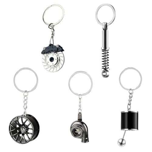 ZHAOYCSH 5 Stück Autoteile Schlüsselanhänger aus Metall - Kreative Auto Motorrad Schlüsselringe Set mit Turbolader, Schalthebel & Felgen Design - Stylisches Autozubehör für Jungs, Männer & Mechaniker