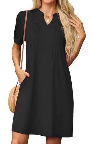 GRECERELLE Sommerkleid Damen Kurzarm V-Ausschnitt Etuikleider T-Shirt Minikleid Tunika Kleid Dresses for Women Leichte Kurze Freizeitkleid Strandkleid mit Taschen (Schwarz, XL)