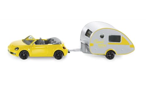 Siku 1629, VW Beetle mit Anhänger, Metall/Kunststoff, Gelb/Silber, Abkuppelbarer Wohnwagen