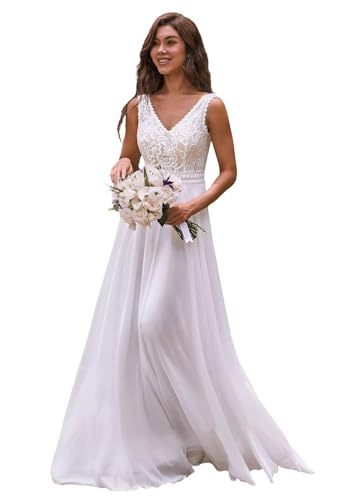 Chiffon Spitze Brautkleider Lange Elegant V-Ausschnitt A Line Hochzeitskleid für Frauen L-Weiß,DE50