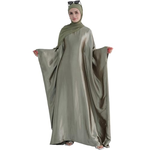khalat Abaya Muslim Kleid Frauen Satin Gebet Kleid Fledermaus Langarm Naher Osten Arabische Robe mit Hijab Olivgrün