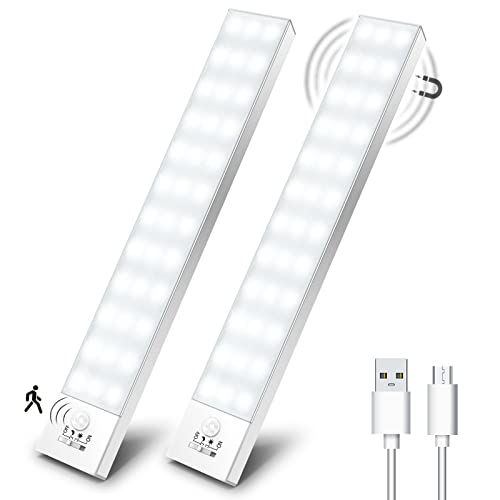 OUILA Schrankbeleuchtung LED mit Bewegungsmelder 2 Stück Schranklicht Schrankleuchte Led Leiste Batterie USB Wiederaufladbar Unterbauleuchte Küche für Kleiderschrank, Treppe, Kofferraum, RV