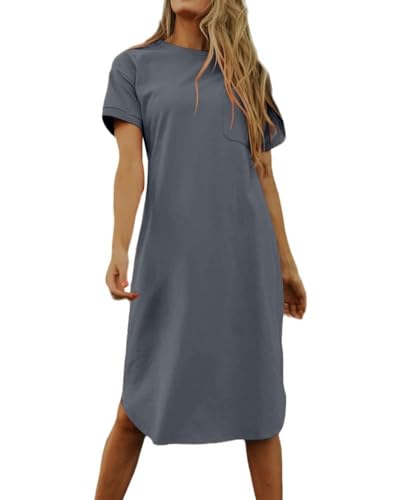 Imily Bela Dame Tshirt Kleid Sommer Shirtkleid Baumwolle Kurzarm Rundhals Minikleider Freizeitkleid mit Taschen.Grau.XL