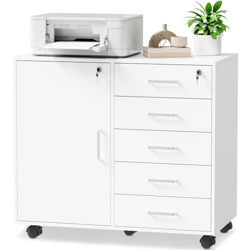 BEWISHOME Rollcontainer Schreibtisch mit 5 Schubladen, Aktenschrank Abschließbar mit 5 Rollen, 1 Schrankfach, Abschließbarer Büro Schrank mit Verstellbaren Einlegeböden, 78x40x65,5 cm, Weiß, EBWG01W