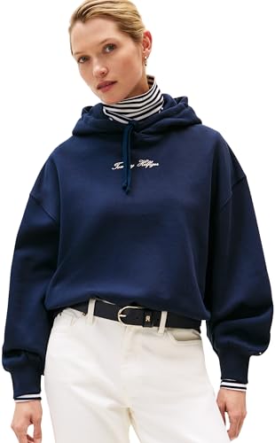 Tommy Hilfiger Damen Hoodie Classic Script Fleece mit Kapuze, Blau (Dark Night Navy), XL