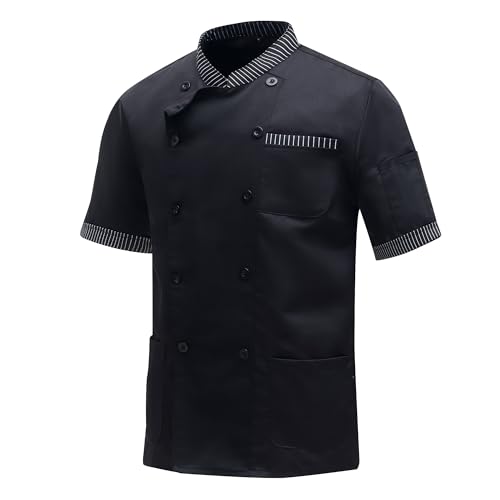 MeiLayM Herren Kurzarm Kochjacke Unisex Arbeitsjacke Professional Chef Slim Uniform Bäckerjacke mit Tasche Cafe Hotel Küchebekleidung Modern Style Schwarz,L