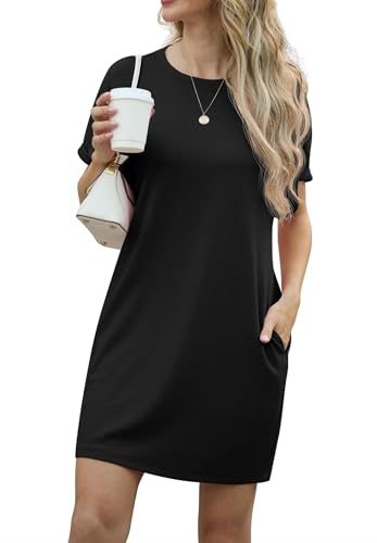 GRECERELLE Kleider Damen Sommer Kurzarm Strandkleid A-Linie Elegant Rundhals Sommerkleider mit Taschen Einfarbig Summer Dress Tshirt Kleid Leicht und Luftig Freizeitkleider (Schwarz, L)