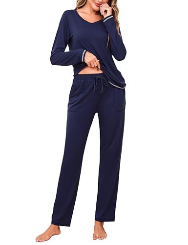 Litherday Schlafanzug Damen Baumwolle Lang Pyjamas Set Nachtwäsche Set Zweiteiliger Sleepwear und Pyjamahose Hausanzug Freizeitanzug Dunkelblau L