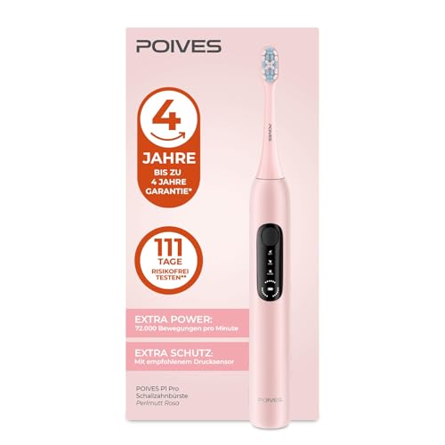 Schallzahnbürste POIVES P1 Pro - Elektrische Zahnbürste mit Drucksensor und 72.000 Bewegungen, bis zu 4 Jahre Garantie, 111 Tage Risikofrei testen, lange Akkulaufzeit, Perlmutt Rosa