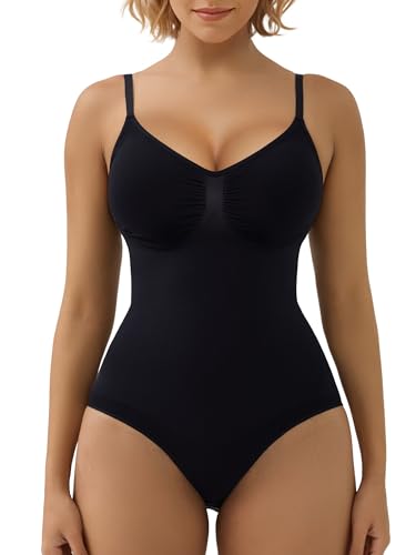 SHAPERX Bodysuit Figurenformend Damen Body Shaper Bauchweg Sculpting Shapewear Ganzkörper Formende Bodys Verstellbarer Schultergurt, UK-SZ5213-Black-L/XL