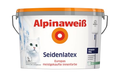 Alpinaweiß Seidenlatex in weißer Seidenglanz-Optik – strapazierfähige und atmungsaktive Wandfarbe – ergiebig, gut deckend & reinigungsfähig – 5 Liter