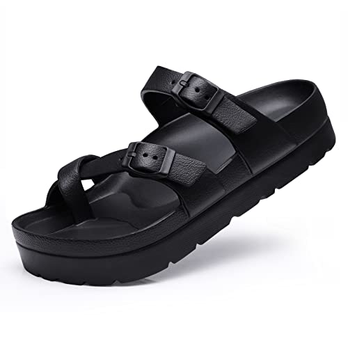 Beslip Plattform Sandalen Damen mit Arch Support Komfortable Schaumstoff Rutschen Leichte Dicke Sohlen Verstellbare Schnalle Ultra Cushion,Schwarz Frauen Größe 39 EU