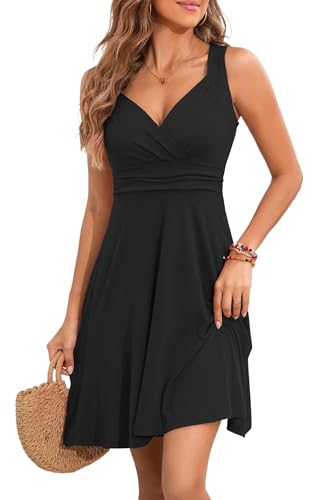 YUTILA Sommerkleid Damen V-Ausschnitt Ärmelloses Kleider Midi Blumenmuster Leicht Kleid Strandkleid