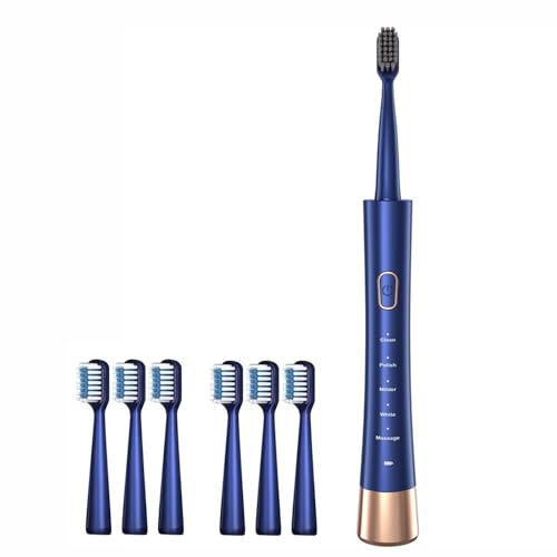 Elektrische Ultraschall Zahnbürste mit 6 Bürstenköpfen, 5 Modi, hält 60 Tage bei voller Aufladung, 31.000 Vibrationen pro Minute, IPX7 wasserdicht (blau1, adult)
